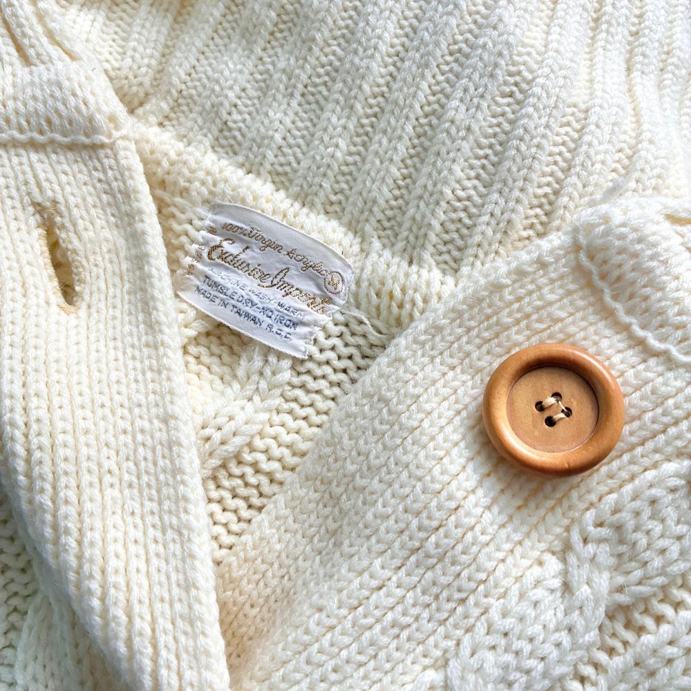 Vintage 70s Longline Cable Knit Sweater Cream Belted Shawl Collar - Picture 9 of 9